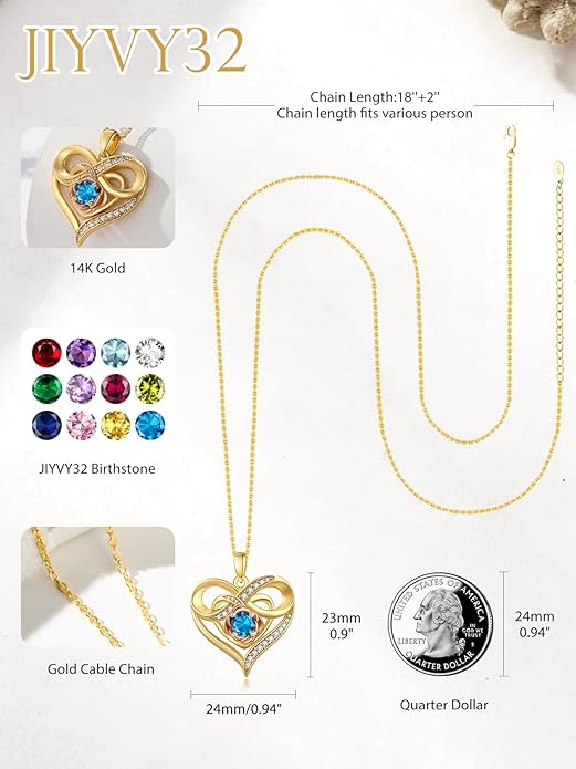 Infinite Heart Birthstone Necklaces for Women Gold Plated Pendant Wedding Anniversary Birthday Gift for Wife Her Mom Grandma Daughter Jewelry with Round Birthstone