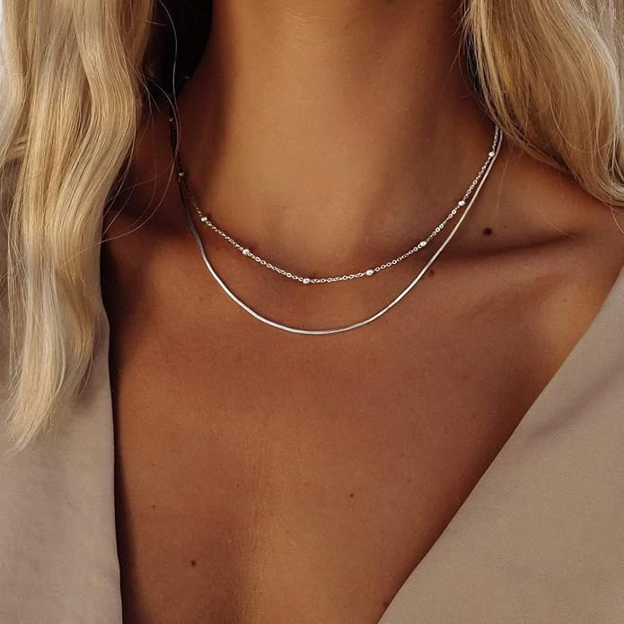 Freekiss Herringbone Necklace for Women,Dainty Gold Necklace,14k Gold Plated Snake,Gold Chain Choker Necklaces,Simple Gold Layered Necklaces,Gold Jewelry Gift for Women