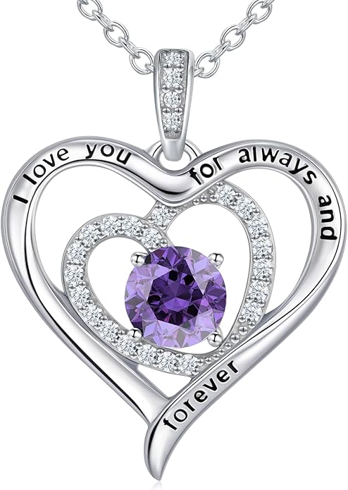 S925 Sterling Silver Necklace for Women, Christams Gift for Women, Love Heart Birthstone Necklaces for Women, Wife Jewelry, Mom Birthday Valentines Mothers Day Gifts, Girlfriend Necklaces, Daughter Heart Jewel, Anniversary for Her