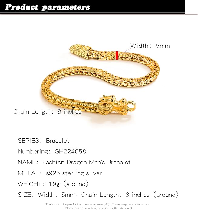 H&Beautimer Fashion 925 Sterling Silver Dragon Chain Bracelet 5MM-7 "8" 9" Solid Thick Side Link Bangle For Men Golden Jewelry Gift