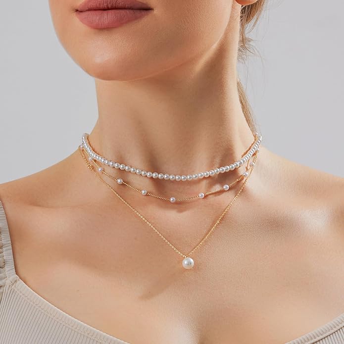 Gold Jewelry Set for Women - Dainty 14K Gold/Silver Plated Pearl Choker Necklace, Drop Earrings & Bracelets - Wedding Trendy Pearl Jewelry Gift