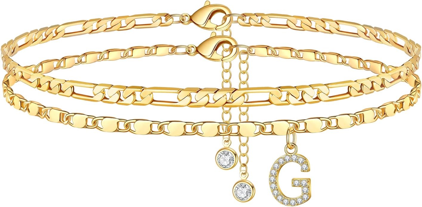 Ursteel Ankle Bracelets for Women, 14K-Gold-Plated Dainty Layered Chain CZ Initial Anklets Set Summer Jewelry Gifts for Women