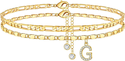 Ursteel Ankle Bracelets for Women, 14K-Gold-Plated Dainty Layered Chain CZ Initial Anklets Set Summer Jewelry Gifts for Women