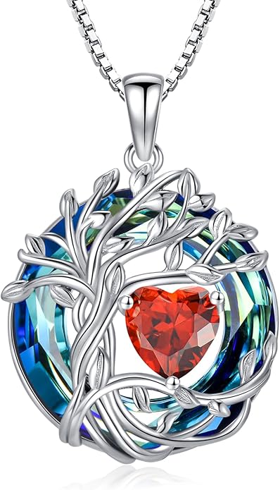 TOUPOP Christmas Gifts Tree of Life Birthstone Necklace 925 Sterling Silver Pendant Austrian Crystal Jewelry Anniversary Birthday Gifts for Women Mom Her Wife
