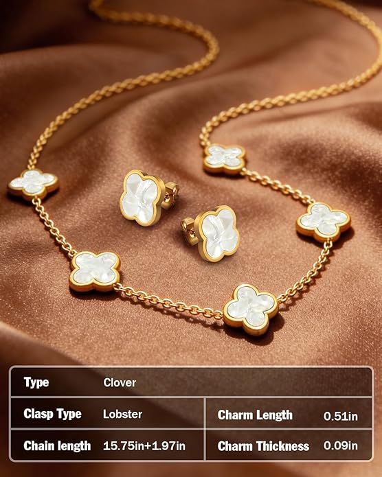 Aimétte Monette 18K Gold Plated Jewelry Set Clover Necklace Stud Earrings for Women Hypoallergenic Lucky Clover Pendant Necklace Gold Bracelets for Women Gifts