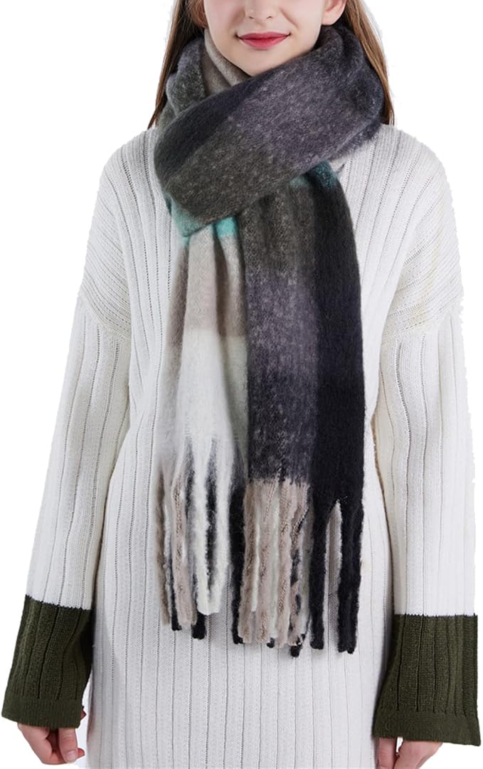 SHOHOKU Large Chunky Plaid Scarf Coloured Checked Oversized Scarf Tassel Soft Fall Winter Thick Warm Shawl Women