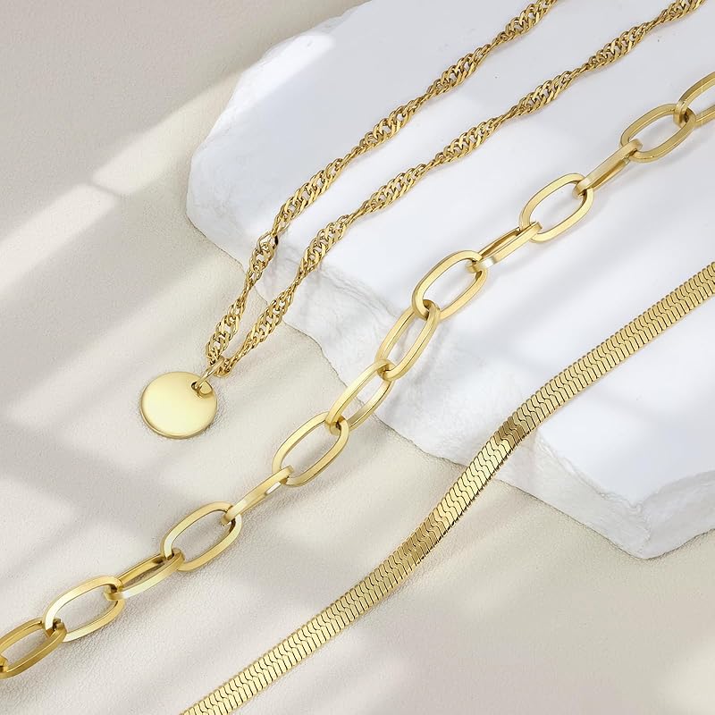 Gold Layered Necklaces for Women,14k Gold Plated Dainty Necklace Stack Set,Non Tarnish Adjustable Stainless Steel Herringbone Snake Circle Pendant Paperclip Choker Chain Jewelry