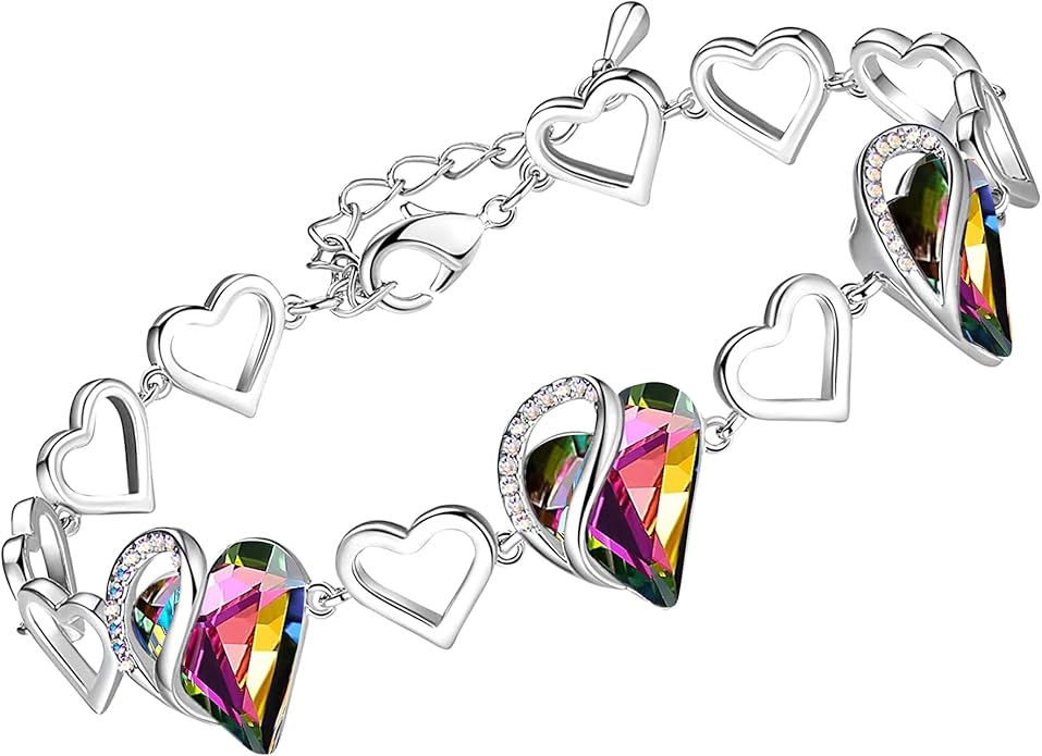 Leafael Infinity Love Heart Link Bracelets, Birthstone or Healing Stone Crystal Bracelet for Women, Silver Tone Jewelry Gifts for Her, 7-inch Chain and 2-inch Extender