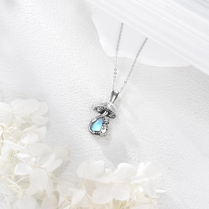 YAFEINI Mushroom Necklace Moonstone/Moss Agate/Malachite/Labradorite/Turquoise/Amber/Larimar/Black Onyx/Lapis Lazuli/Peridot/Opal Sterling Silver Mushroom Pendant Mother's Day Jewelry for Women Mom