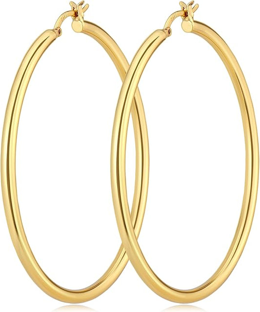IDJEOABL 3mm Thick Gold Hoop Earrings 14k Gold Plated Chunky Large Big Hoops for Women Non Tarnish Lightweight Hollow Hoop Earrings Jewelry for Women Trendy 30/40/50/60/mm