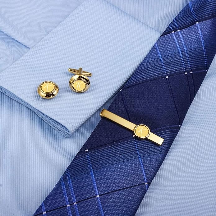 HAWSON 2 inch Tie Clips and Cufflinks Sets for Men A-Z Gold Engraved Letter Cufflinks and Tie Clips Sets for Formal Business Wedding
