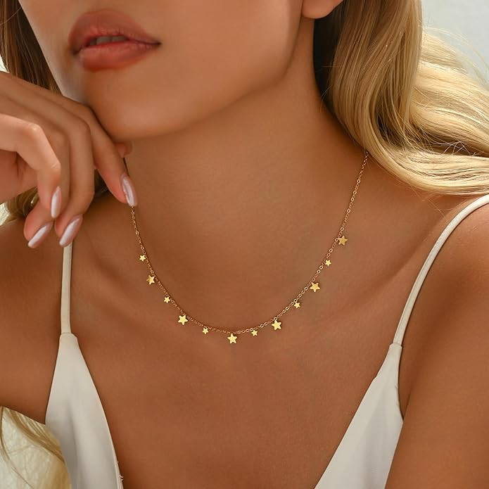 Gold Chain Necklace for Women 18K Gold Plated Stainless Steel Necklace Dainty Star Cross Heart Choker Chains Simple Delicate Minimalist Trendy Jewelry