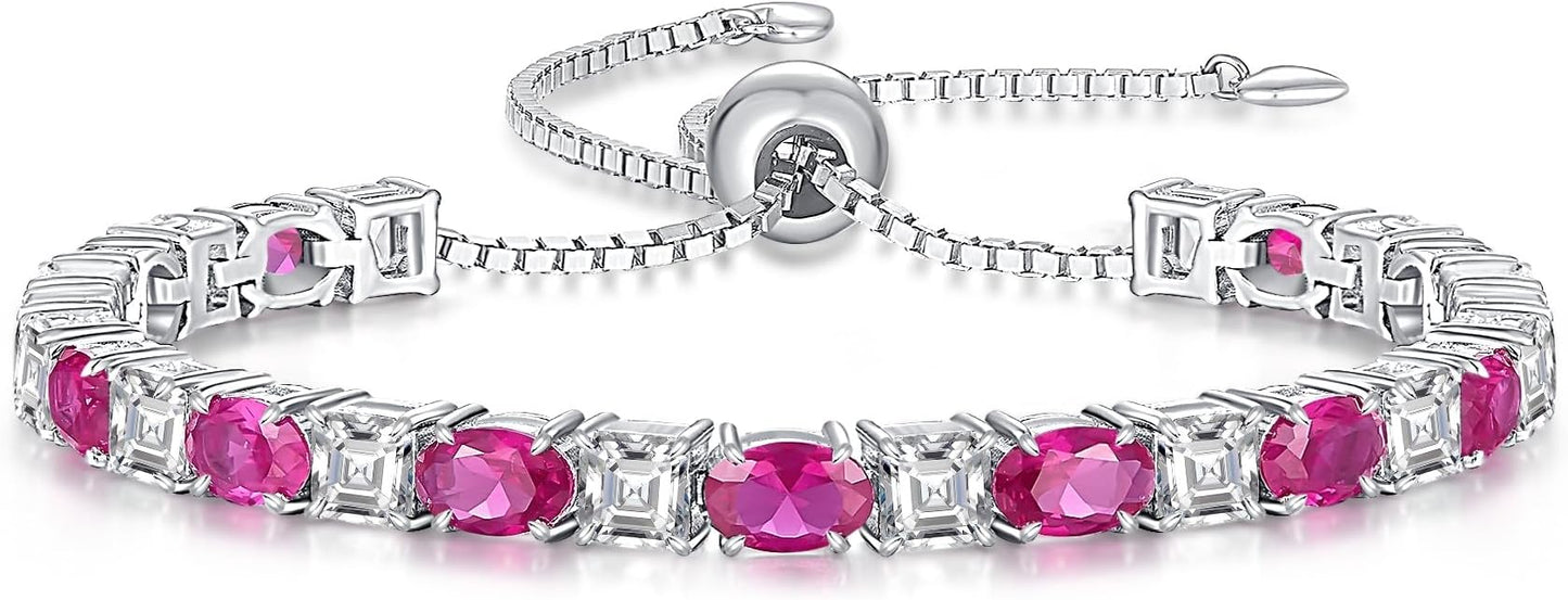 Sterling Silver Birthstone Bracelets for Women White Gold Tennis Bracelets Adjustable Chain 6-9 Inchs Jewelry Hypoallergenic Anniversary Birthday Gifts for Women Mom Wife Her