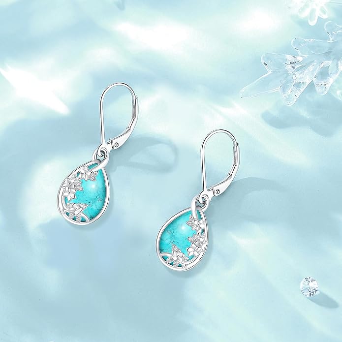 Sterling Silver Tree of Life/Flower/Bee/Animals/Cat/Hummingbird Dangle Earrings Moonstone Turquoise Drop Leverback Earrings Jewelry Gifts