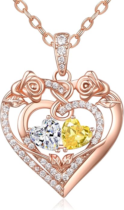 JIYVY32 Rose Heart Necklace for Women Exquisite 925 Sterling Silver Anniversary Birthday Gifts for Wife Mom Her Double Birthstone Pendant Jewelry