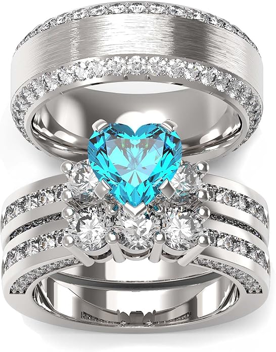 TWO RINGS Wedding Ring Sets His And Hers Promise Ring Couples Bridal Sets Women 925 Sterling Silver square Cz Man Stainless Steel Brushed Finished Wedding Bands