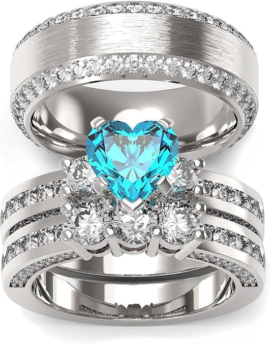 TWO RINGS Wedding Ring Sets His And Hers Promise Ring Couples Bridal Sets Women 925 Sterling Silver square Cz Man Stainless Steel Brushed Finished Wedding Bands