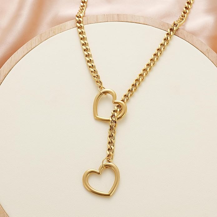 Heart Slip Chain Necklaces for Women,Stainless Steel O-Ring Adjustable Lariat Y-Necklace,Punk Gothic Cuban Collar Choker Necklace for women