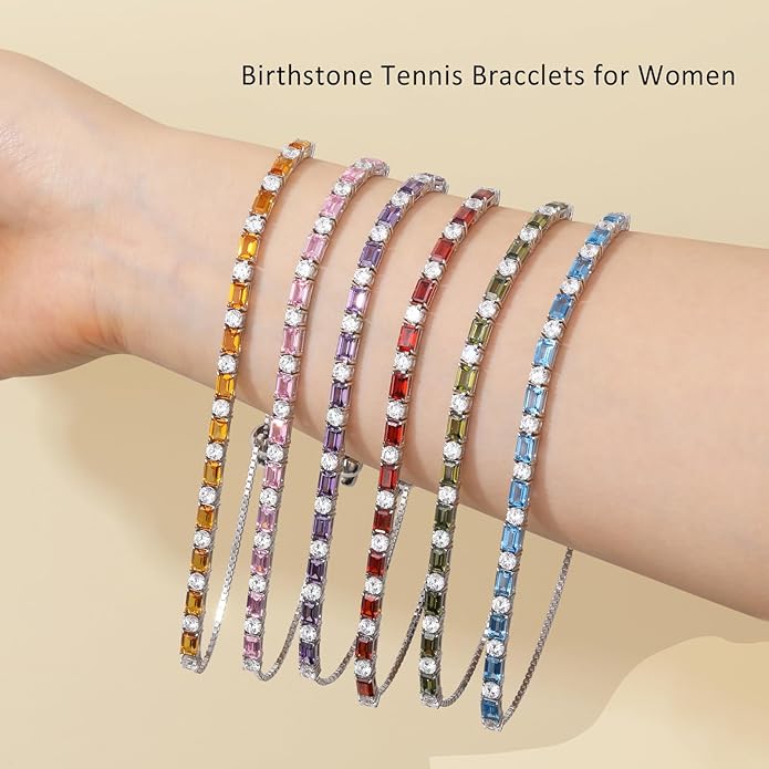 Birthstone Tennis Bracelets for Women White Gold Sterling Silver Gemstone Bracelets Adjustable Chain 6-9 Inchs Jewelry Anniversary Birthday Gifts for Women Mom Wife Her