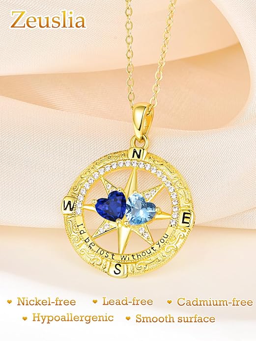 Zeuslia Double Birthstone Necklace Gifts for Wife - 925 Sterling Silver Sunflower/Rose/Crown Cross/Compass/Heart Pendant I Love You Necklace, Anniversary Birthday Gifts for Wife Girlfriend Mom Her