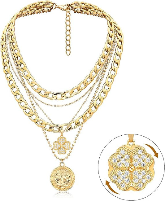 MJartoria Layered Necklaces for Women Trendy Retro Coin Pendant Necklace Dainty Chunky Chain Choker Necklaces for Jewelry Birthday Gifts