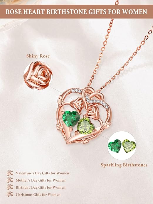 Rose Gold Necklaces for Women Double Birthstone Rose Flower Heart Pendant Necklace Jewelry Anniversary Christmas Valentine's Mother's Day Birthday Gift for Wife Mom Her Girlfriend Sister