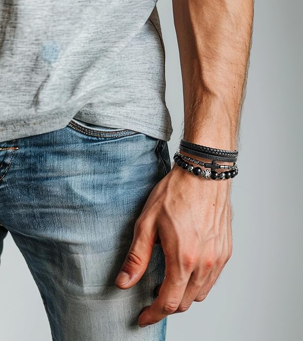 3pc Mens Beaded Bracelets Silver Stainless Steel Chain Bracelet for Men Handmade Braided Bracelet Sets Jewelry Gifts for Men