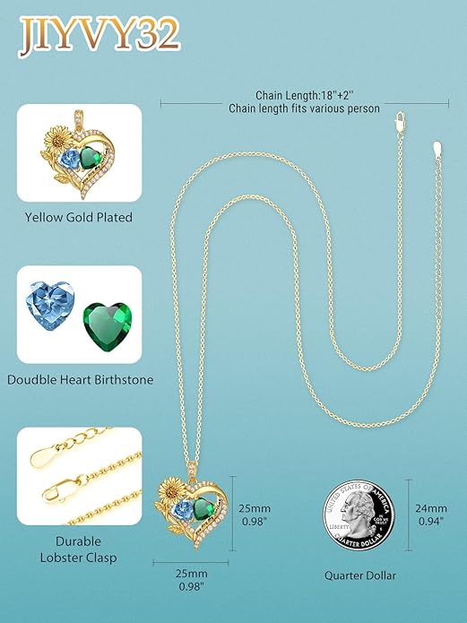 Sunflower Heart Necklace for Women 14K Gold Exquisite Anniversary Birthday Gifts for Wife Mother Her Double Birthstone Pendant jewelry‘You Are My Sunshine’