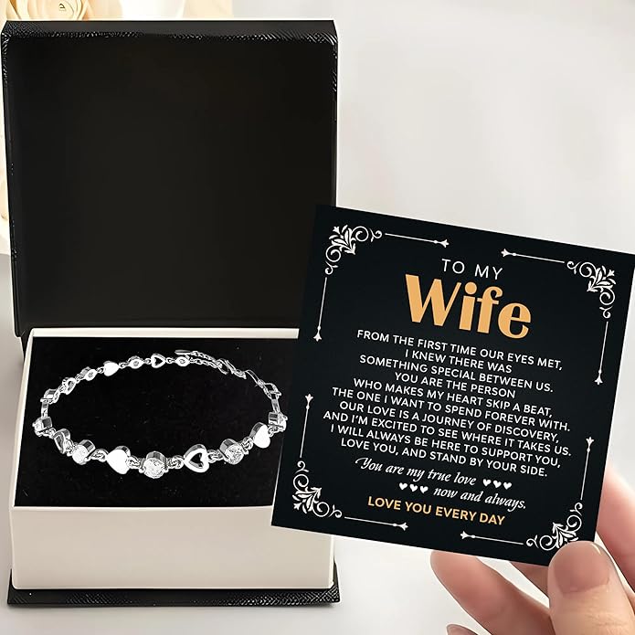 To My Wife Crystal Heart Bracelet Gift From Husband, Beautiful Wife Jewelry For Anniversary, Birthday, Christmas, Valentine’s Day, Bracelet For Her With Heartfelt Message & Elegant Box