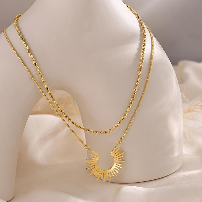 CHESKY Layered Necklaces for Women Trendy, Dainty 14k Gold Plated Pendant Necklace Layering Necklace for Women Non Tarnish Hypoallergenic Sun Gold Necklace Stack Gold Jewelry for Women Gifts