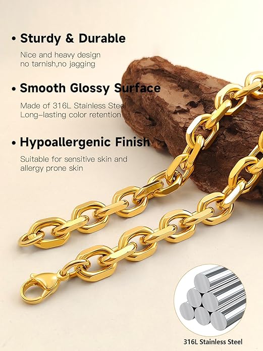 Hoyazvet Cable Chain Stainless Steel Necklace for Men Women, 3/5/8/10/13MM Width, 18K Gold Plated/Black Metal/316L Stainless Steel Sturdy Rolo Link Chain Necklace, 18-30inch Length