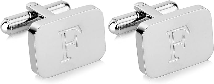 18K White-Gold Plated Initial Engraved Stainless Steel Men’s Cufflinks With Gift Box -Personalized Alphabet Letter’s A-Z By Lux & Pair