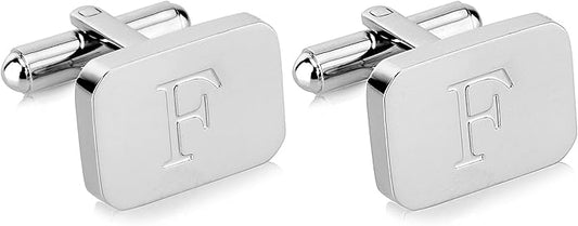 18K White-Gold Plated Initial Engraved Stainless Steel Men’s Cufflinks With Gift Box -Personalized Alphabet Letter’s A-Z By Lux & Pair