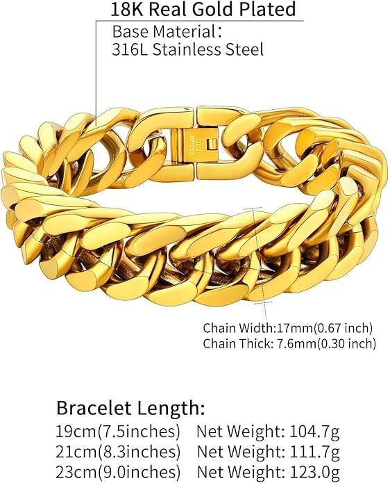 ChainsHouse Stainless Steel Cuban Link Bracelet, 8mm/12mm/17mm Width, 7.5"/8.3"/9", 18K Gold Plated Chain Wrist Bracelets for Men Women, Send Gift Box