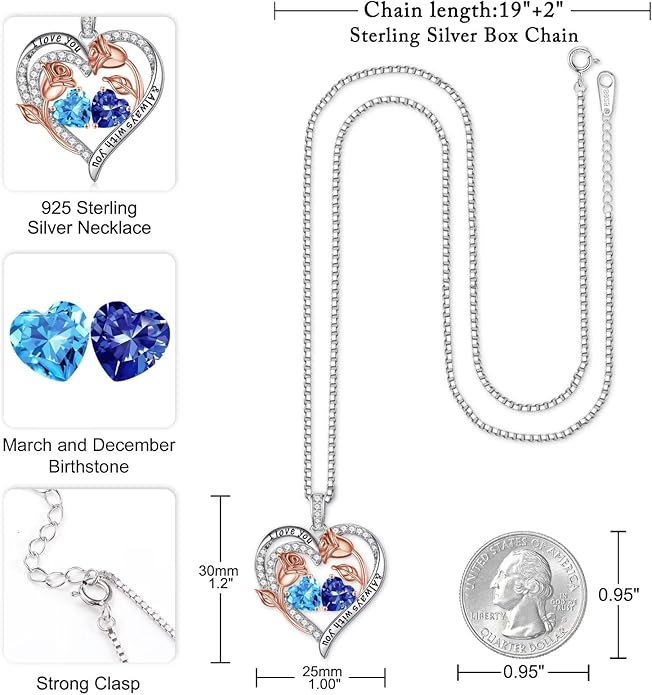 Iefil Birthstone Necklace for Women - 925 Sterling Silver Rose Heart Birthstone Necklace Birthday Anniversary Jewelry Gifts for Her Wife Mom Daughter