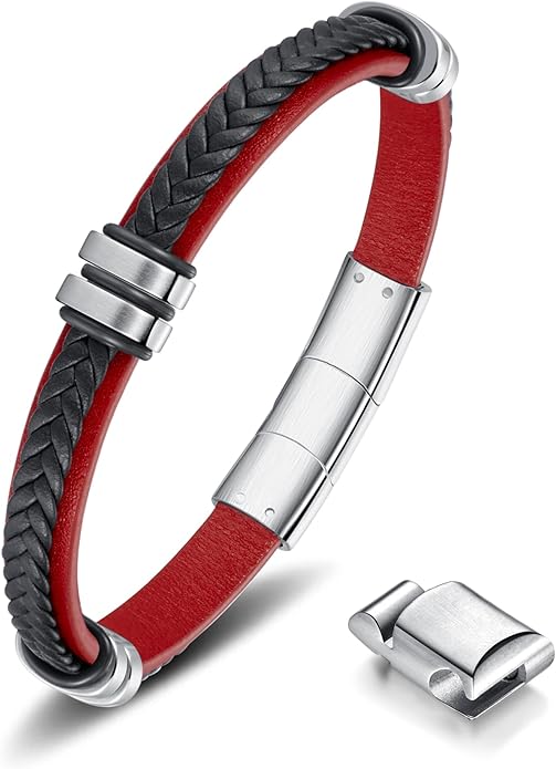 Leather Bracelet for Men with Adjustable Stainless Steel Magnetic Clasp Multi-Layer Braided Mens Leather Bracelet