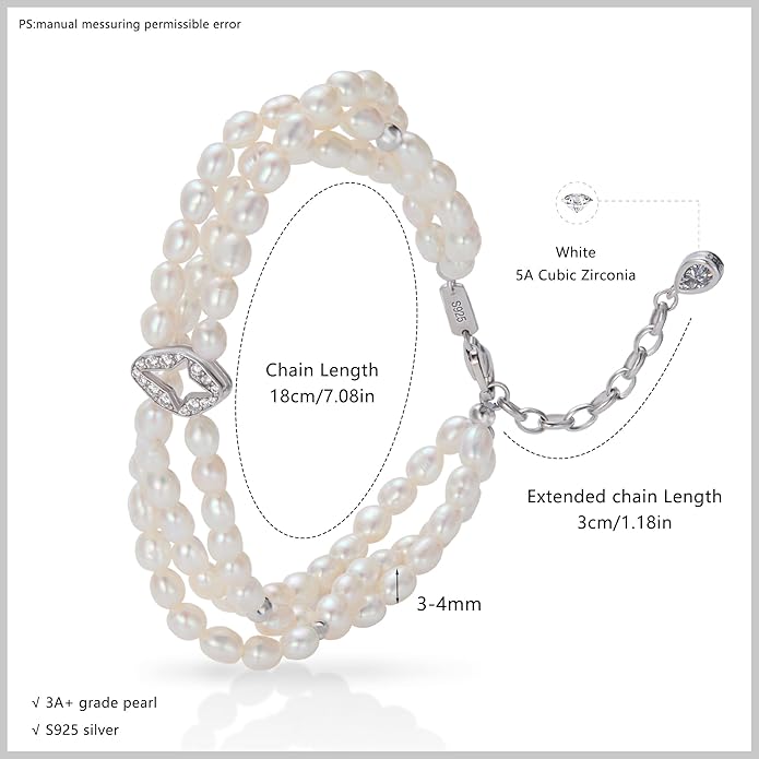S925 Sterling Silver Four-pointed Star Pearl Bracelets for Women, 8.27 Inch Lucky Freshwater Cultured Pearl Bracelets, Non Tarnish and Hypoallergenic Suitable for Everyday Wear, Perfect Jewelry Gift for Women