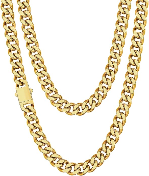 Fiusem Valentines Day Gifts for Him Silver Tone/Black/14K Gold Plated Chain Necklace for Men, 5mm/6mm/7.5mm/8mm/9mm Stainless Steel Cuban Link Chain Necklace, Men's Chains 18-28 Inch Jewelry Gifts