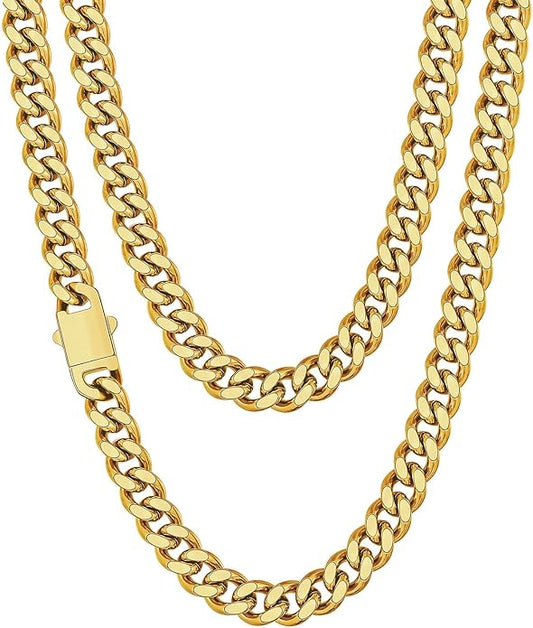 Fiusem Valentines Day Gifts for Him Silver Tone/Black/14K Gold Plated Chain Necklace for Men, 5mm/6mm/7.5mm/8mm/9mm Stainless Steel Cuban Link Chain Necklace, Men's Chains 18-28 Inch Jewelry Gifts