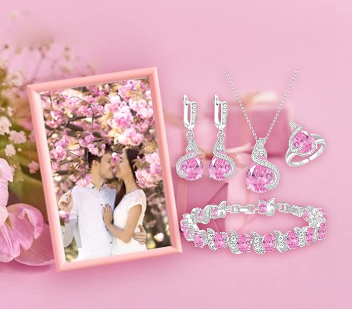 GZWHD Jewelry Set for Women Water Drop Cubic Zirconia Artificial Crystal Earrings Pendant Necklace Open Ring Tennis Bracelet Wedding Anniversary Birthday Engagement Gift for Bridesmaid Wife Girlfriend Friend