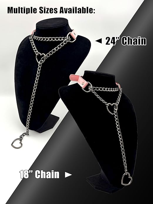 Black Leather Choker Collar For Women, Handmade Heart Slip Chain Choker Long Necklace with Adjustable Buckle