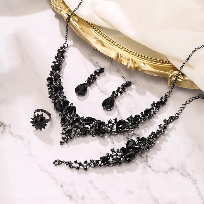 BriLove Wedding Bridal Jewelery for Women Austrian Crystal Teardrop Cluster Statement Necklace Dangle Earrings Link Bracelet Set