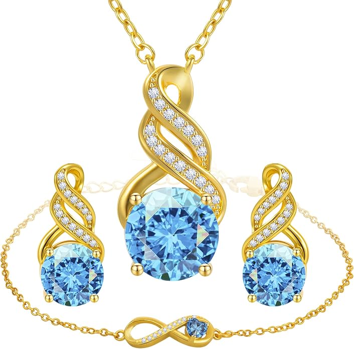 HNPHQT Jewelry Sets for Women-18K Gold Plated Dainty Birthstone Pendant,Trendy Necklace Earrings Infinity Bracelets Set,Ideal Jewelry Gifts for Her Mom