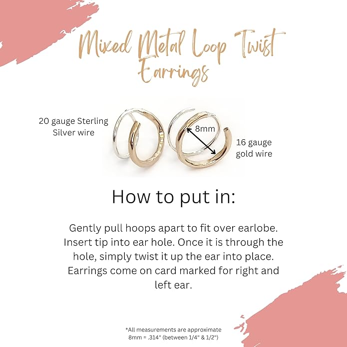 Handmade TINY Huggie Mixed Metal Twist Loop Earrings Double Hoop for Single Piercing Sterling Silver & Gold Earrings for Women Spiral