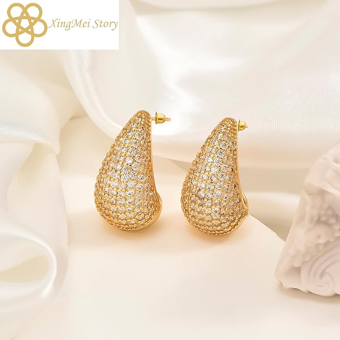 XingMei Story Gold Crystal Chunky Hoop Earrings - Sparkly Rhinestone Teardrop Design with 925 Sterling Silver Posts - Trendy Jewelry for Women, Perfect for Special Occasions (1pair)