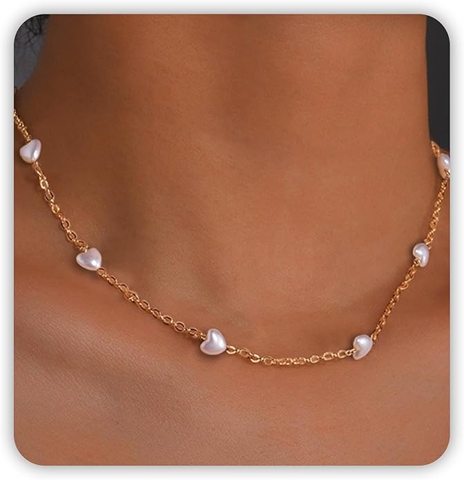 SmileBelle Pearl Necklaces for Women, Daisy Pearl Choker as Y Shaped Pearls Jewelry Gold Heart Necklace for Anniversary Birthday Gifts White Baroque Necklace as Wedding Jewelry