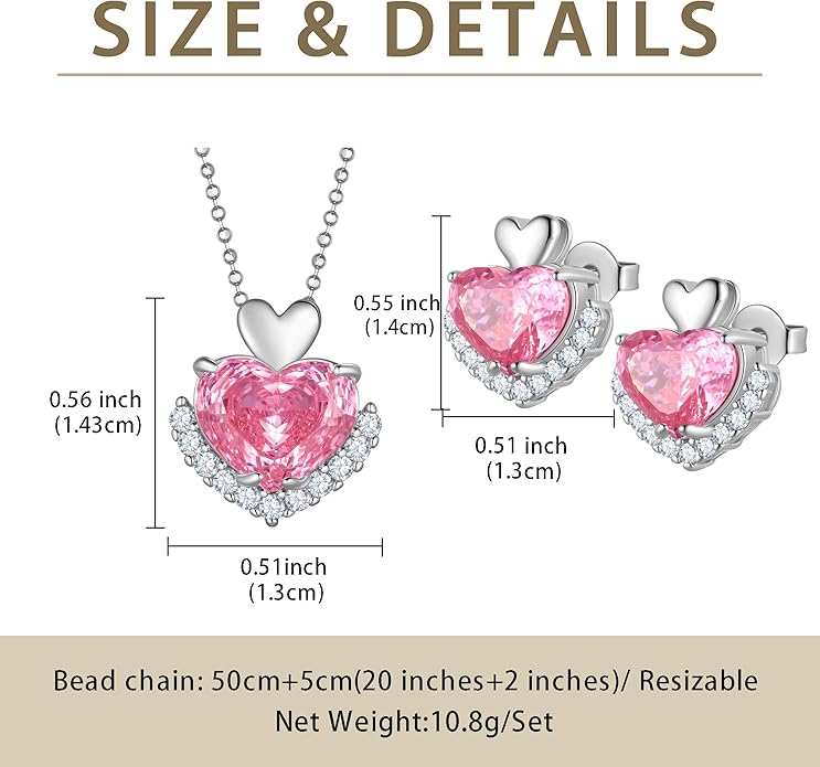 Ydou Love Heart Necklaces and Earrings with Rose Cut Birthstone Silver Plated Elegant Jewelry Set for Women CS0002