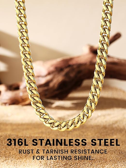 Bestyle Thick Stainless Steel Mens Cuban Link Chain, Black/Gold Chain for Men, No Tarnish & Durable Men Chain Necklace, 5/7/9/12mm Wide, 18"-30" Long, Gift Package