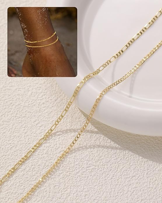 FUNEIA Gold Silver Ankle Bracelets for Women Waterproof 14K Gold Plated Anklets for Women Non Tarnish Dainty Layered Beaded Heart Anklet Set Summer Beach Foot Chain Jewelry Gifts Trendy Stuff