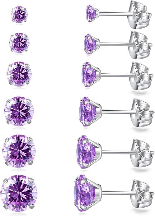 6 Pairs Stud Earrings Set, Hypoallergenic Cubic Zirconia Earrings 316L Stainless Steel CZ Earrings 3-8mm